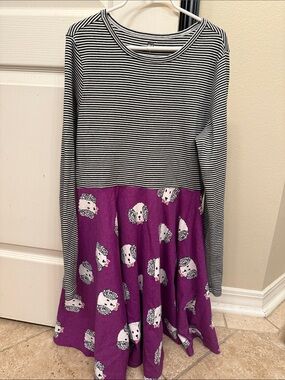 Tea Collection Striped Black & White Top with Purple Animal Print Skirt Dress